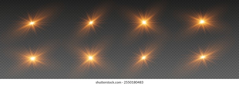 Efeitos de brilho e luz dourados, luz de estrela com raios. Em um fundo transparente.