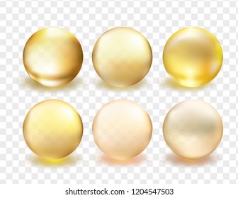 Golden glass ball collection. Serum droplet set, gold oil bubble, vitamin set isolated on transparent background. Realistic style. Vector illustration.