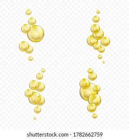 Golden glass ball collection. Serum droplet set, gold oil bubble, vitamin set isolated on transparent background. Realistic style. 