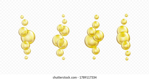 Golden glass ball collection. Serum droplet set, gold oil bubble, vitamin set isolated on transparent background. Realistic style. 