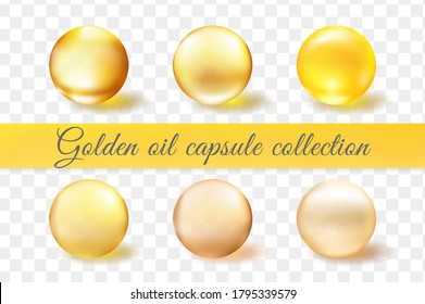 Golden glass ball collection. Serum droplet set, gold oil bubble, vitamin set isolated on transparent background. Realistic style. Vector illustration.