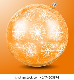 Golden glass ball with a pattern of large snowflakes and a snow blizzard. Realistic vector image of a ball for a xmas tree. Element for design on the theme of winter, new year, frost, cold.