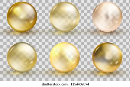 Golden glass ball template. Oil gold bubble isolated on transparent background. Vector realistic yellow serum droplet of drug or collagen essence. Collagen essence, yellow serum droplet.