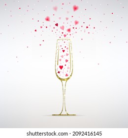 golden glass of champagne with red hearts fireworks on light background