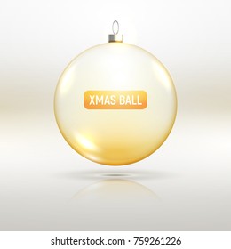 Golden glass christmas ball decoration. Transparent glass xmas ball for new year celebration.