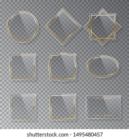 Golden glass frames realistic vector mockup set. Luxurious makeup mirrors isolated on transparent background. Round and rectangular glossy decorations illustration. Modern interior decor items