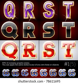 Golden and glass typeface. Set #1. File contains graphic styles available in the Illustrator 10 + You can apply the styles to any of you own fonts or objects