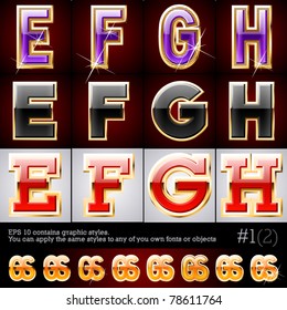 Golden and glass typeface. Set #1. File contains graphic styles available in the Illustrator 10 + You can apply the styles to any of you own fonts or objects