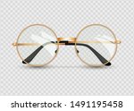 Golden glasses isolated on transparent background, round black-rimmed glasses, women