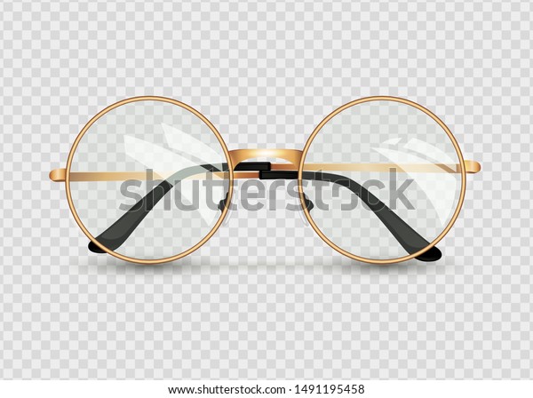 透明な背景に金色の眼鏡 黒い縁の丸い眼鏡 女性と男性のアクセサリー 光学系 レンズ ビンテージ トレンドをご覧ください ベクターイラスト Eps10 のベクター画像素材 ロイヤリティフリー