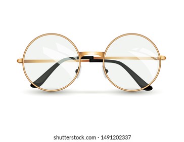 Golden glasses isolated on white background, round black-rimmed glasses, women's and men's accessory. Optics, see well, lens, vintage, trend. Vector illustration. EPS10