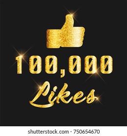 Golden glitter 10,000 Likes text and thumbs up icon for social media, blog or Vlog (Video blog) Internet friendship and communication, Online promotion.