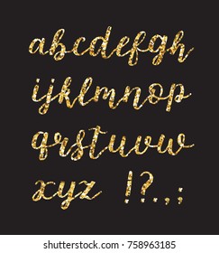Golden glitter alphabet. Brush glowing vector font. Hand drawn calligraphy font. Glowing fest letters for holiday poster , card, t-shirt.