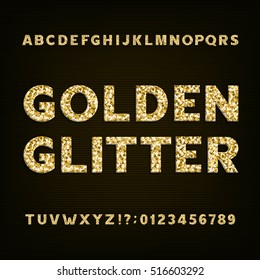 Golden glitter alphabet font. Bold letters numbers and symbols. Stock vector typeface for your design.