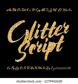 Golden Glitter Alphabet Font. Handwritten Uppercase And Lowercase Letters And Numbers. Glamour Vector Typescript.