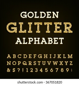 Golden Glitter Alphabet Font. Letters, Numbers And Symbols.Vector Typography For Labels, Headlines, Posters Etc.