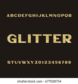 Golden glitter alphabet font. Type letters and numbers. Stock vector typeset for your design.