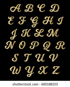 Golden Glitter Alphabet, Gold Font Vector Letters With Sparkle Effect