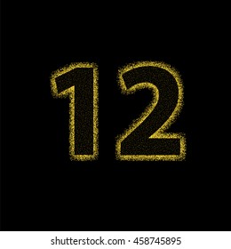 Golden glitter alphabet letters, numbers and symbols. Vector illustration.