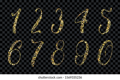 Golden glitter alphabet numbers  1,2,3,4,5,6,7,8,9,0 on transparent background. Design element of wedding invitations, posters, greeting cards, banners, birthday design.  Isolated. Vector illustration