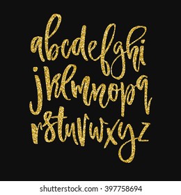 Golden Glitter Alphabet. Unique Glowing Vector Font. Handdrawn Calligraphy Font. Glowing Vector Letters.