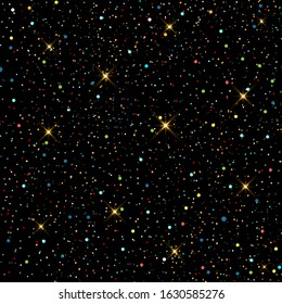Golden glitter background with brighting stars and confetti. Vector illustration of sparkle black background. Shining magical night sky. Design for wrapping, invitation card, website, logo, etc.