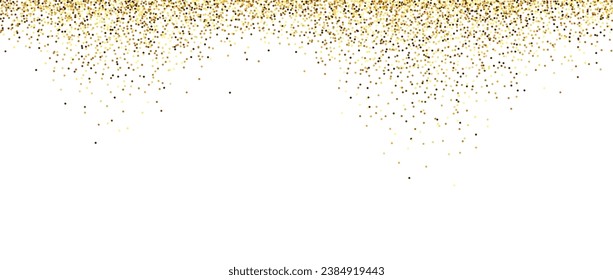 Fondo de brillo dorado. Caer en una textura de confeti pequeño. Papel pintado de puntos dorados resplandecientes. Elemento de diseño de marco de borde para carteles, volante, invitación. Navidad, Año Nuevo, decoración de cumpleaños. Vector