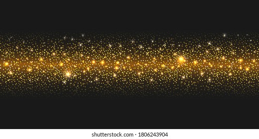 Golden glitter background with glowing sparks, luminous particles and shiny light effect, luxury stardust powder on dark backdrop. Christmas decoration. Abstract vector illustration