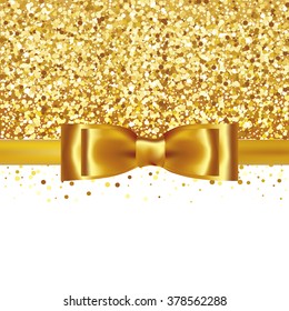 Golden glitter background with gold silk bow and ribbon