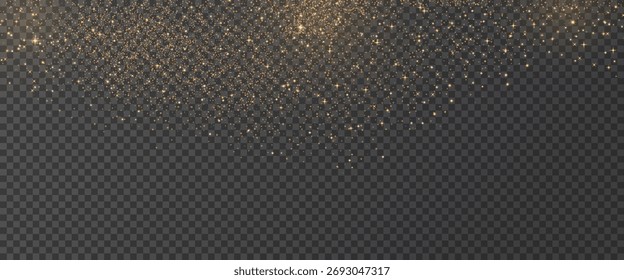 Golden glitter background with magic glow. Shimmer spray effect for celebration banners. Shiny confetti, stardust light texture. Festive particles on dark background. Vector xmas warm illustration.