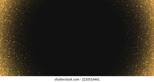 Golden glitter background, shiny stardust, flying shimmer, magic particles on a dark backdrop with copy space for text. Vector illustration.