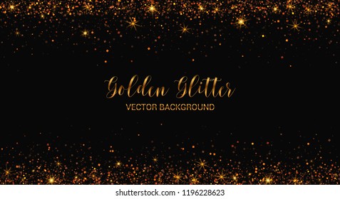 Golden glitter background, sparkling falling confetti, magic glow, space for text. Vector decoration.