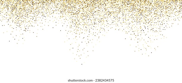 Golden glitter background. Sparkling small confetti wallpaper. Splashed gold dots texture. Border frame design element for posters, flyer, invitation, Christmas, New year, birthday decoration. Vector