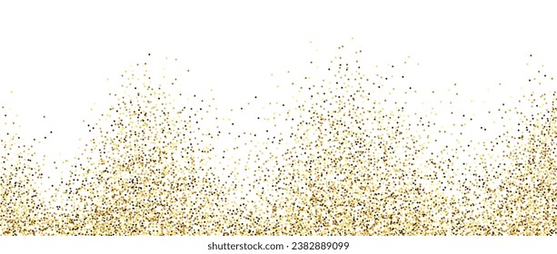 Golden glitter background. Sparkling small confetti wallpaper. Splashed gold dots texture. Border frame design. Christmas, New year, birthday decoration elements for posters, flyer, invitation. Vector