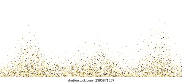 Golden glitter background. Sparkling small confetti wallpaper. Splashed gold dots texture. Border frame design. Christmas, New year, birthday decoration for posters, banner, flyer, invitation. Vector