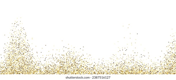 Golden glitter background. Sparkling small confetti wallpaper. Splashed gold dots texture. Border frame design. Christmas, New year, birthday decoration for posters, banner, flyer, cards. Vector