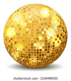 Golden glitter ball. Realistic party disco light