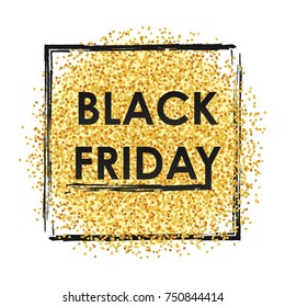 Golden glitter banner with a black frame and Black friday inscription. Template design for promotional brochure or booklet, posters, advertising shopping flyers, discount banners, website. Vector