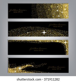 Golden glitter banner set. Gold tinsel shiny backdrops. Luxury black template. Vector