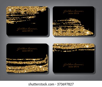 Golden glitter banner set. Gold tinsel shiny backdrops. Luxury black identity cards template. Vector