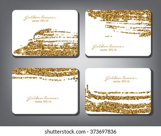 Golden glitter banner set. Gold tinsel shiny backdrops. Luxury white identity cards template. Vector