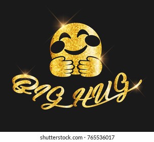 Golden Glitter Big Hug Text And Hug Emoji Icon For Social Media,  Internet Friendship And Communication, Online Promotion.