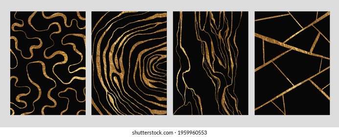 Golden glitter and black abstract marble stone, wood design, natural texture, waves, curls, geodes. Luxury ink, liquid stains, abstract  patterns for covers, branding template.