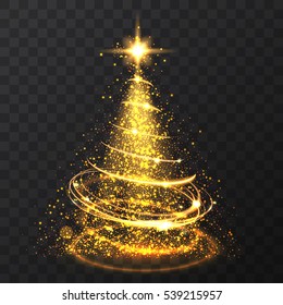 Golden glitter bokeh lights and sparkle stars christmas tree on transparent background. Isolated light shining abstract gold christmas tree. Vector illlustration