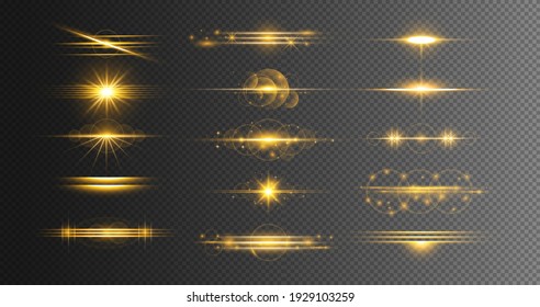 Luces de bokeh y destellos dorados. Colección Realista de elementos de foco de lente sobre fondo transparente.