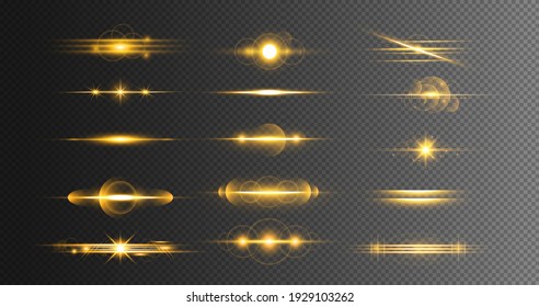 Golden glitter bokeh lights and sparkles. Realistic Lens Flare Elements Collection on transparent background.