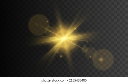 Golden glitter bokeh lights and sparkles. Sunlight special lens flare light effect. Set of glowing glare isolated on transparent background. Flares star set or flash gold sun rays. Vector illustration