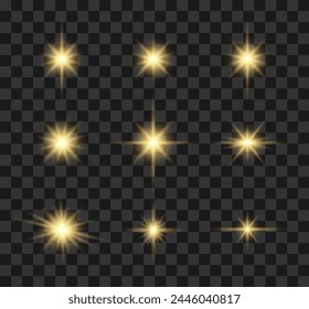 Golden glitter bokeh lights and sparkles. Flares and rays effect. Yellow light burst, star sparkle. Magic starburst beam with glitter isolated set on transparent