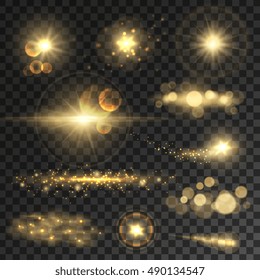 Golden glitter bokeh lights and sparkles. Shining star, sun particles and sparks with lens flare effect on transparent background