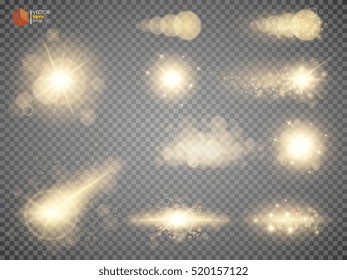 Golden glitter bokeh lights and sparkles. Shining star, sun particles and sparks with lens flare effect on transparent background